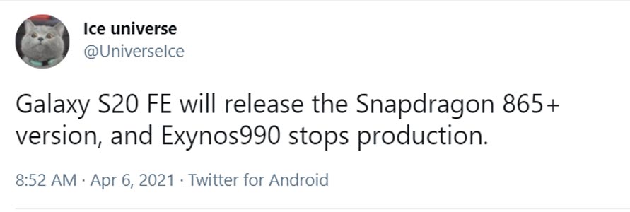 Samsung Galaxy S20 FE Snapdragon processor Info Tweet