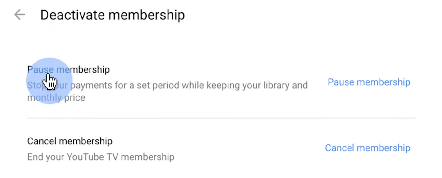 YouTube TV Pause Membership