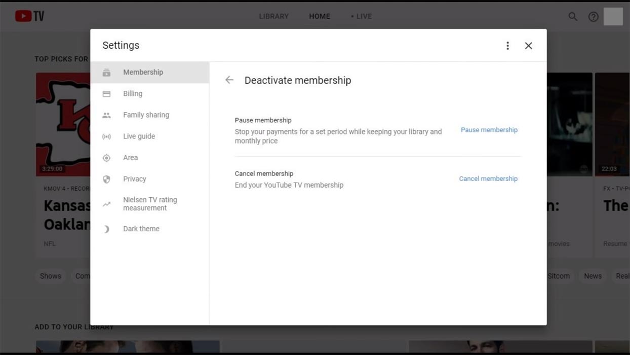 YouTube TV Subscription Membership Cancel