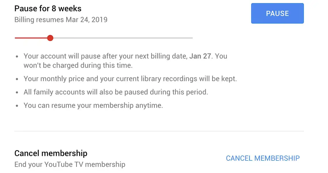YouTube TV Subscription Pause Weeks