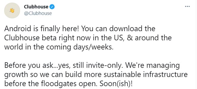 Clubhouse Android Beta Tweet