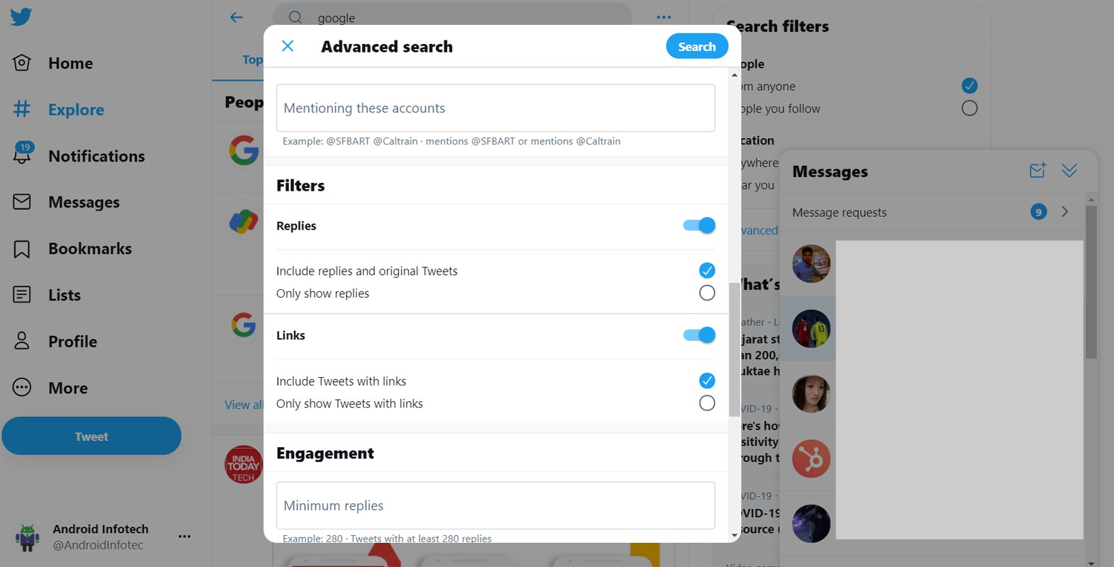 Twitter Advanced Search in Desktop Browser