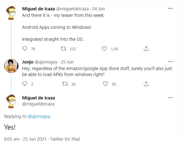 Android Sideload Support Windows 11 Official Tweet