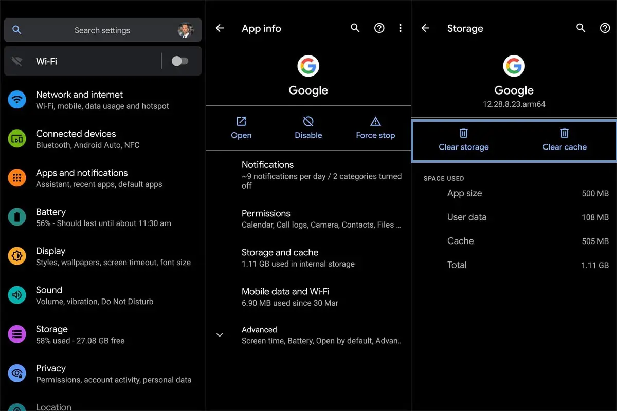 Clear cache and Storage in Google App