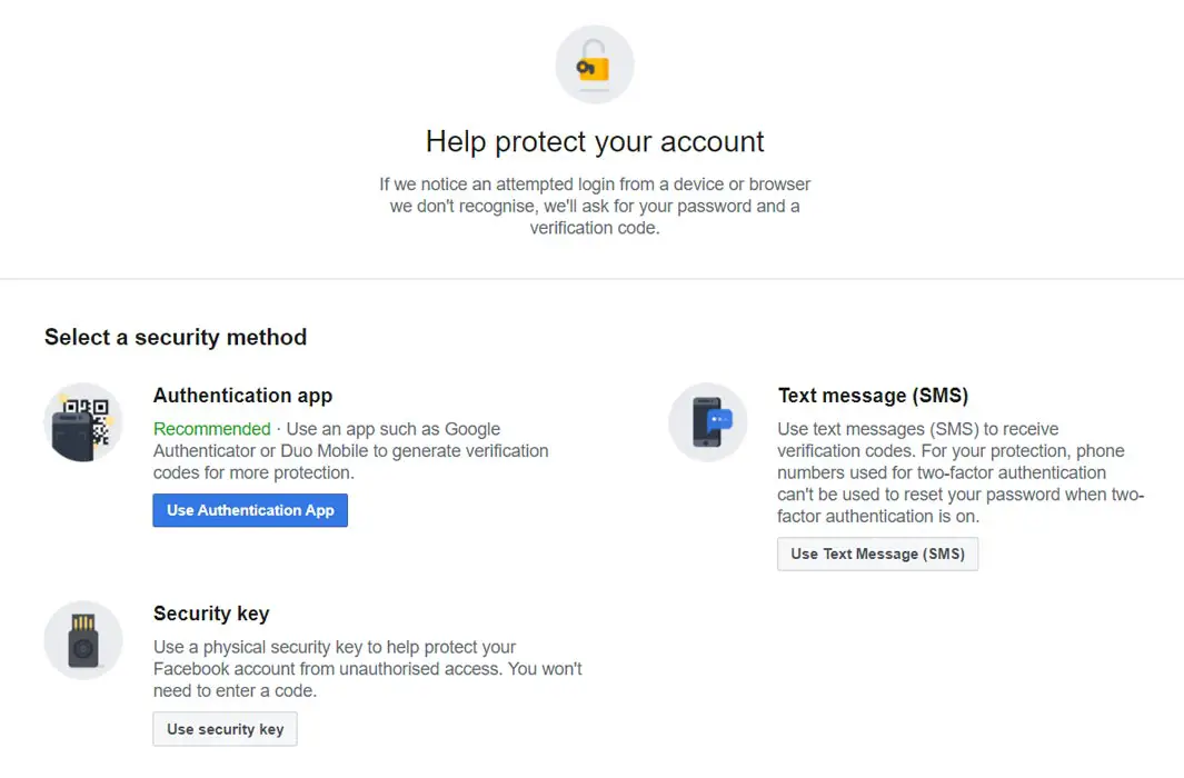 Facebook Two Factor Authentication Apps Options
