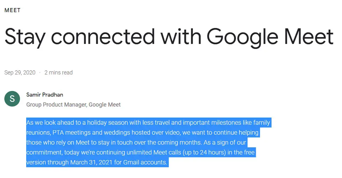 Google Meet Unlimited calls Statement