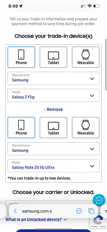 Two Mobile or Devices Trade-in Samsung Galaxy Z Fold 3 Z Flip 3 Order