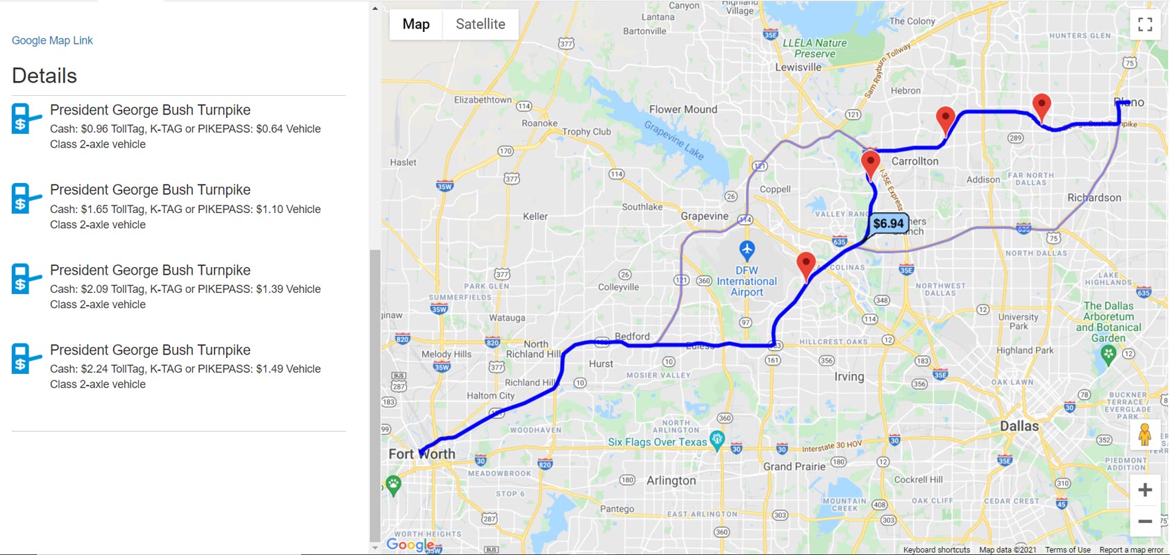 Google Map Tolls Price Details