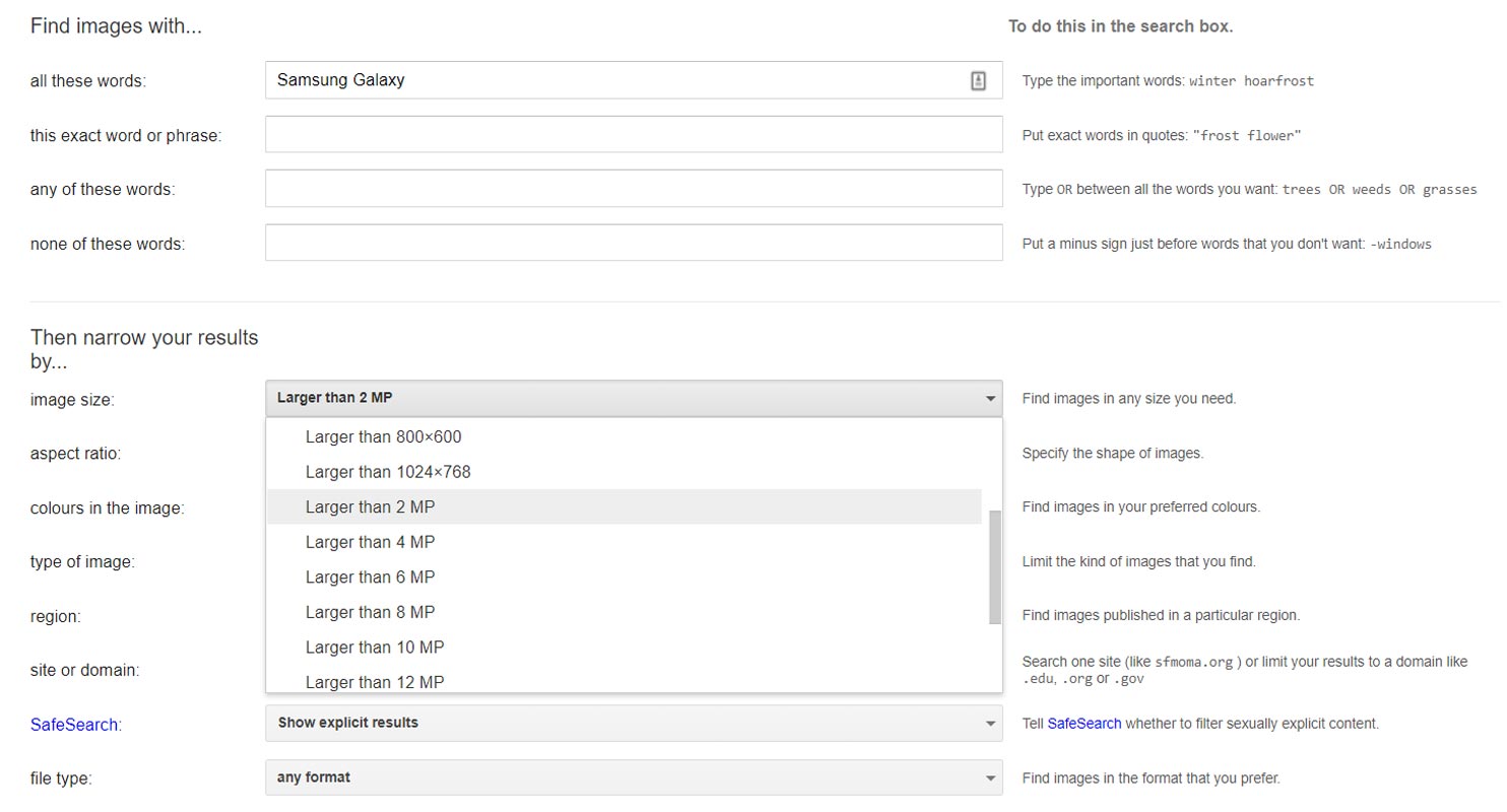 Google Advanced Image Search Storage Size