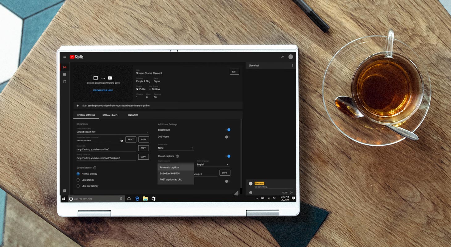 YouTube Studio Live Captions in the Laptop