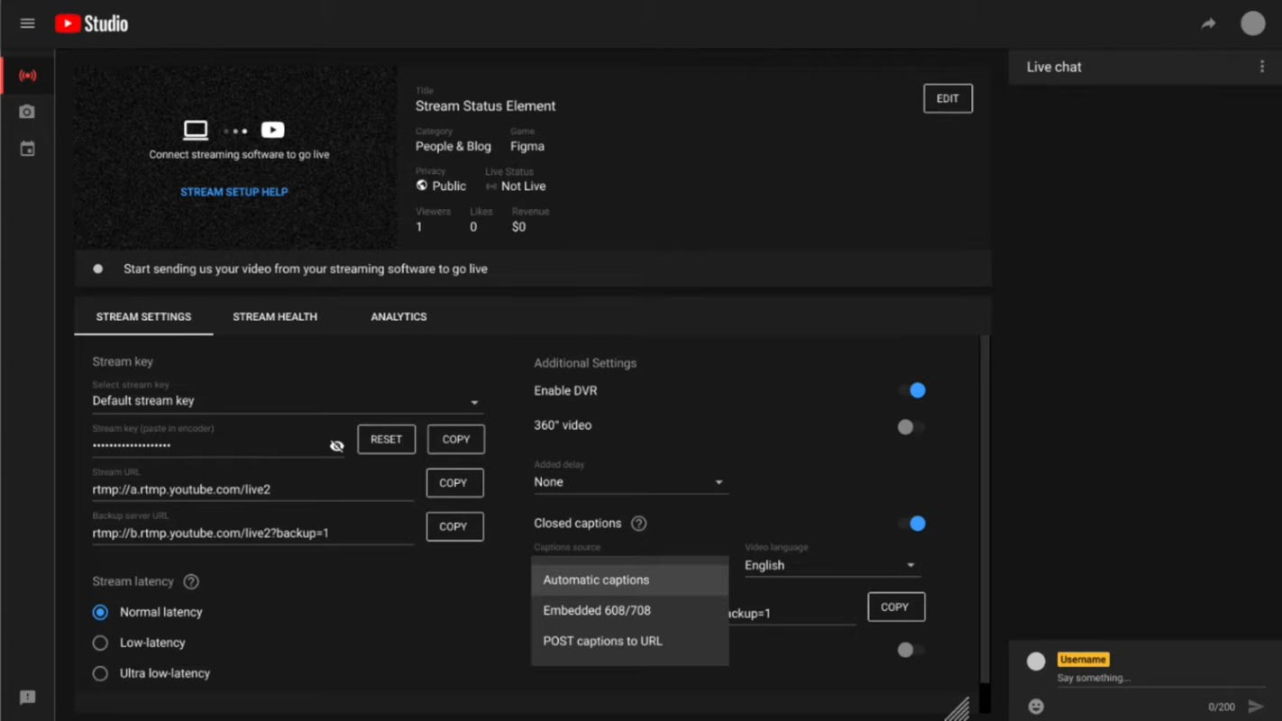 YouTube Studio Livestream Captions Screenshot