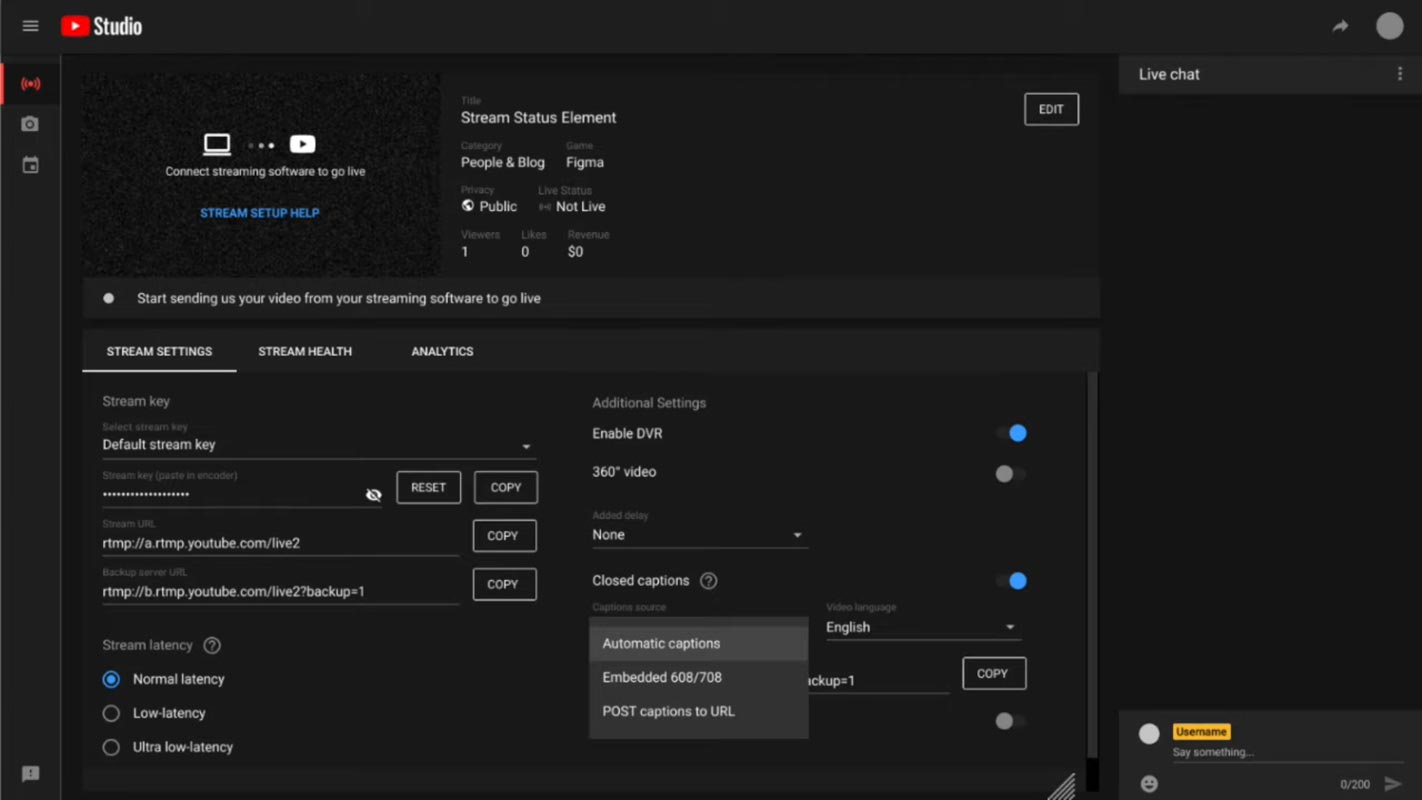 YouTube Studio Livestream Captions Screenshot