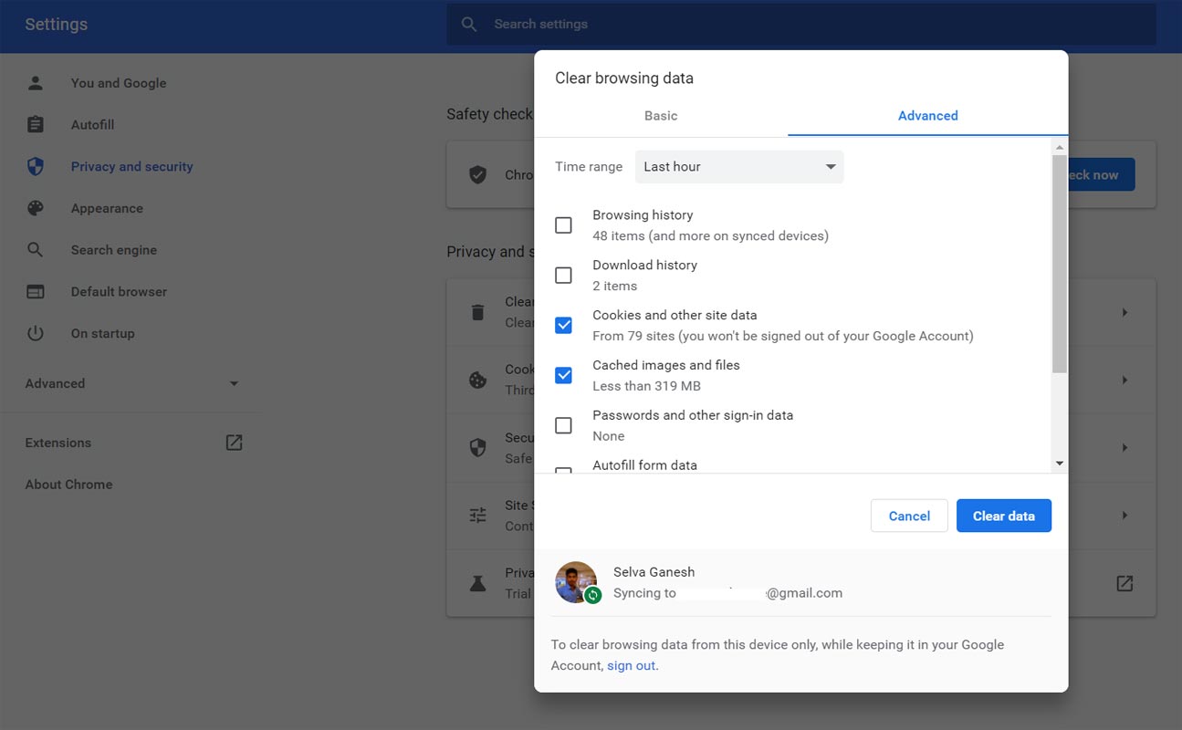 Clear Browsing data Google Chrome