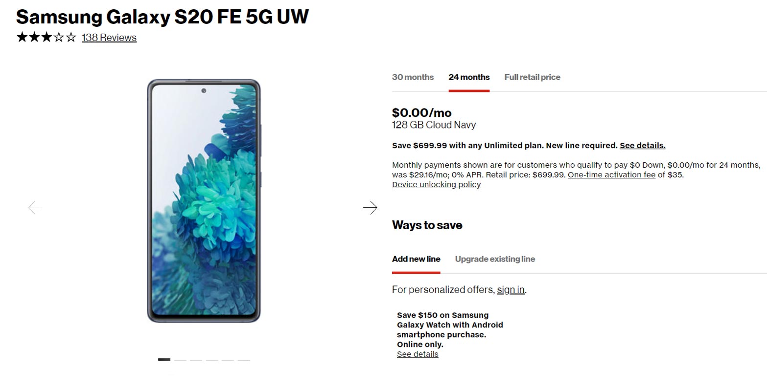 Free Samsung Galaxy S20 FE 5G UW with Verizon Wireless New Connection