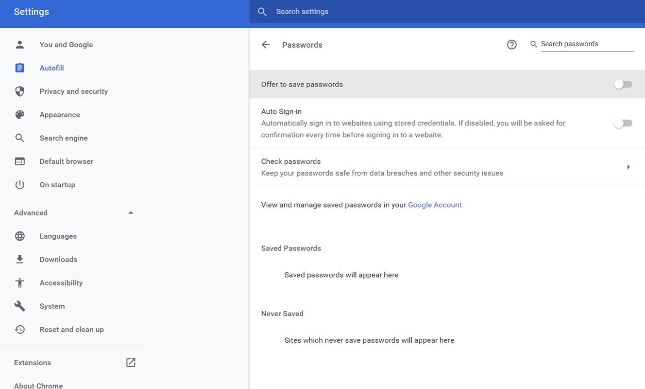 Google Password Manager Enable in Settings