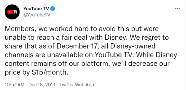 YouTube TV Removel of ESPN ABC Disney