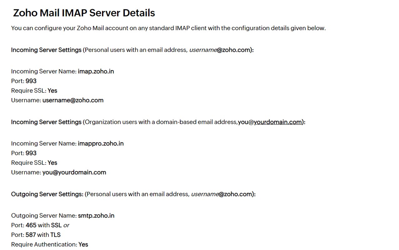 Zoho Email IMAP SMTP Settings