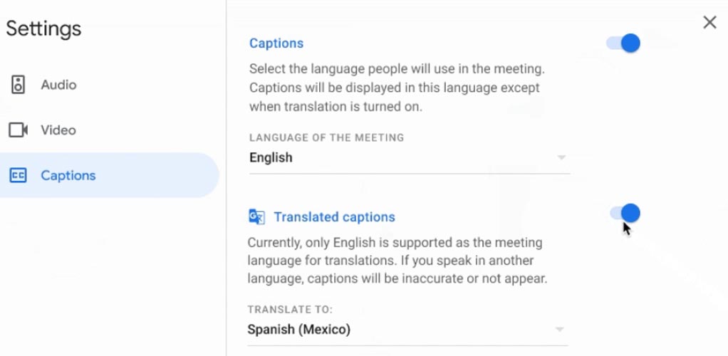 Live Translated Captions Options Google Meet