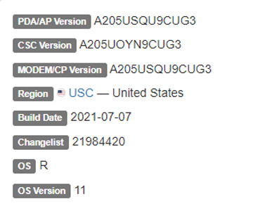 samsung galaxy a20 andriod 11 USC firmware details