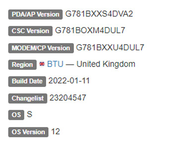 samsung galaxy s20 fe 5g andriod 12 firmware details