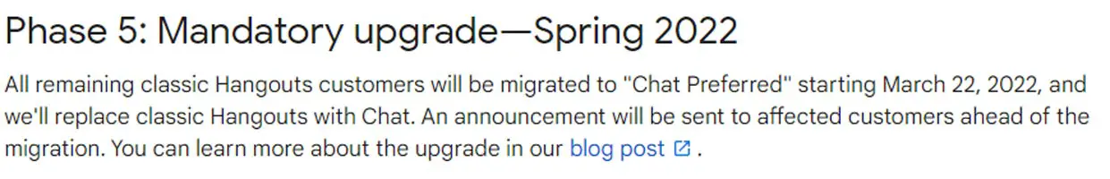 Google Hangout to Chat Migration Official Page Phase