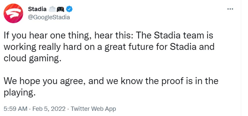 Google Stadia Furure in 2022 Tweet