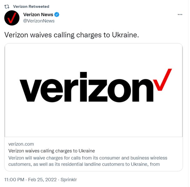 Verizon Ukraine Free Calls Tweet