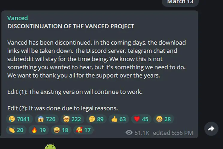 YouTube Vanced Discontinue Telegram Announcement