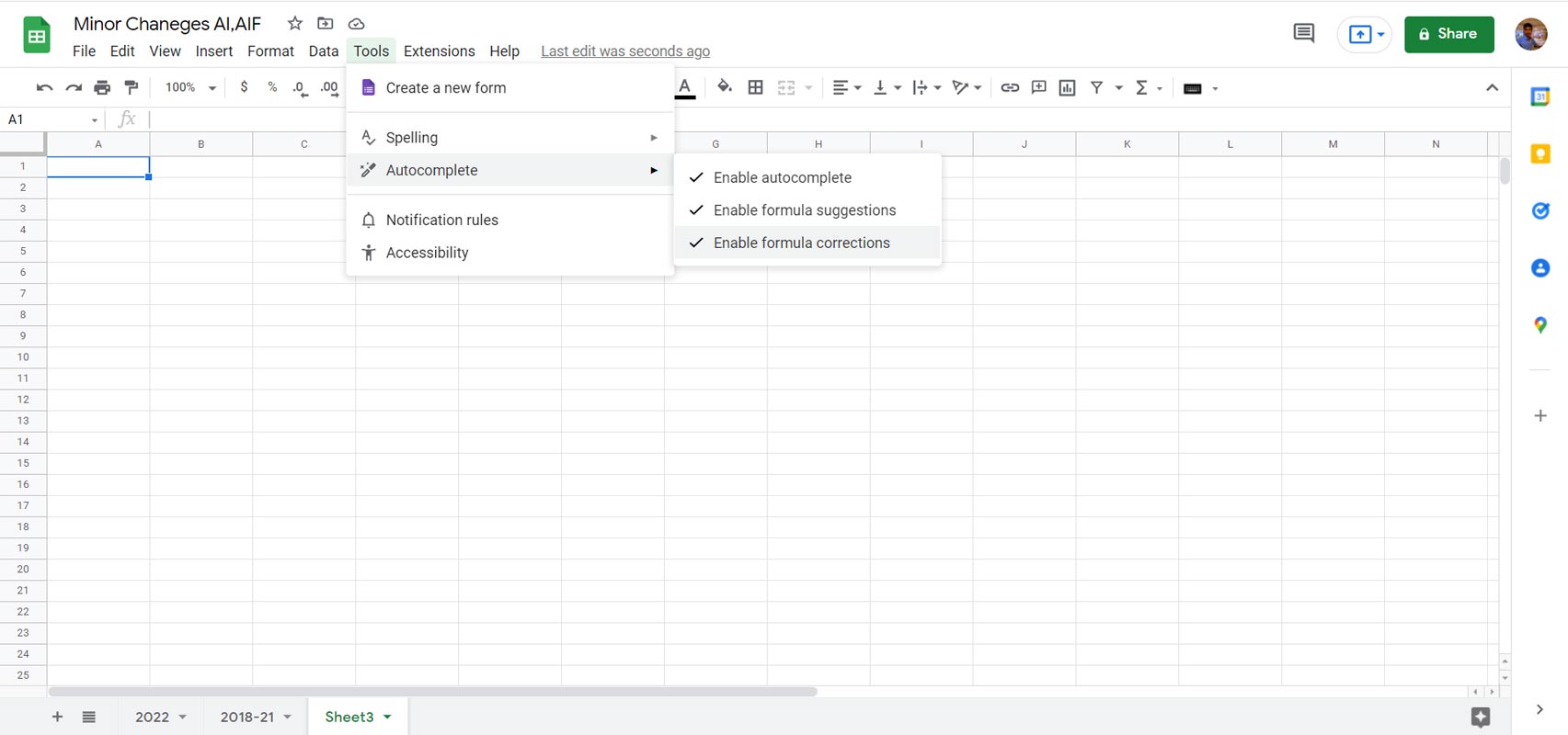 Google Intelligent corrections Enable Sheets