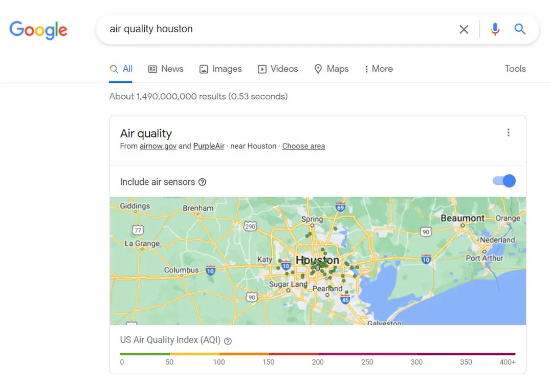 Google Search Air Quality Result