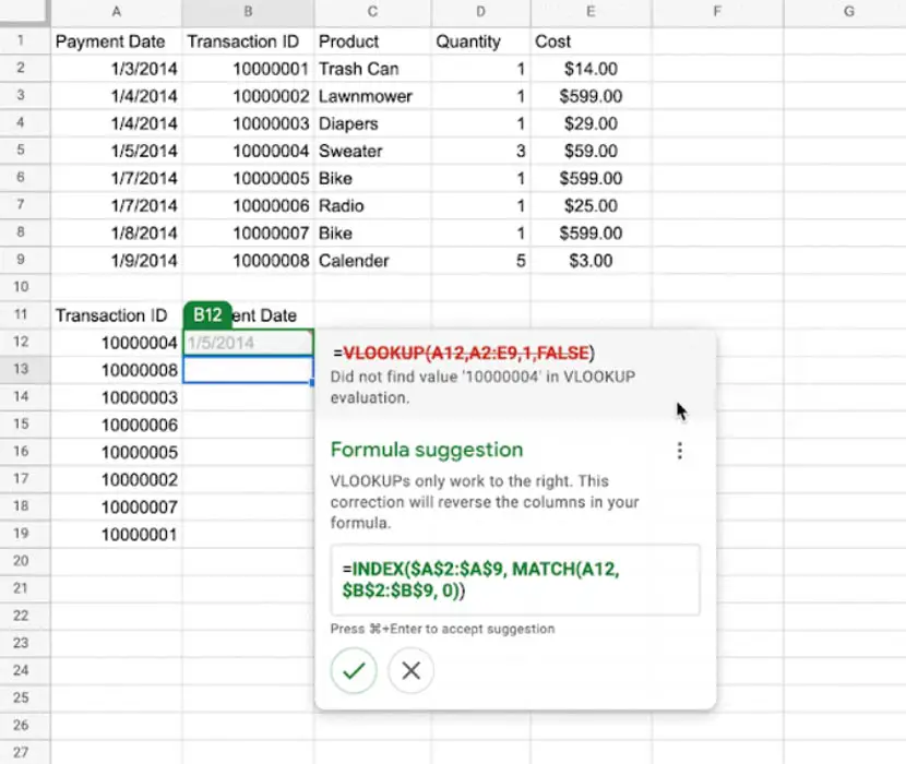 Google Sheets Intelligent corrections Box