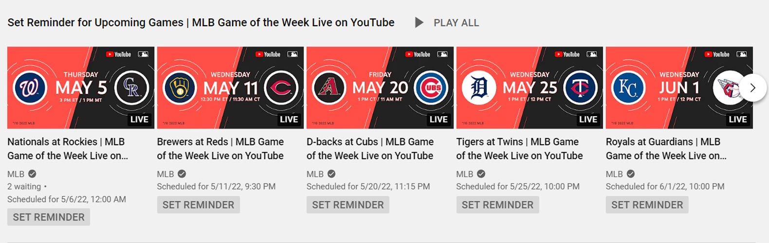 MLB Games YouTube Schedule