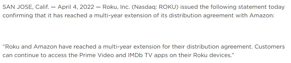 Roku Statement About Amazon Prime and IMDb Deal