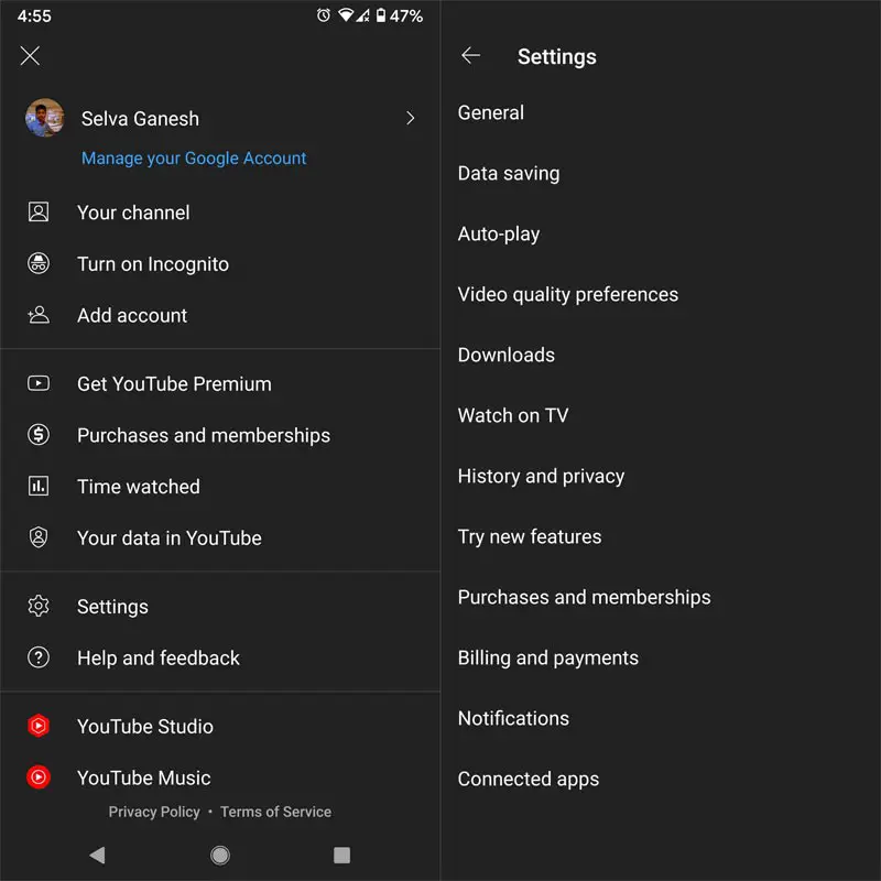 YouTube TV Settings Screen