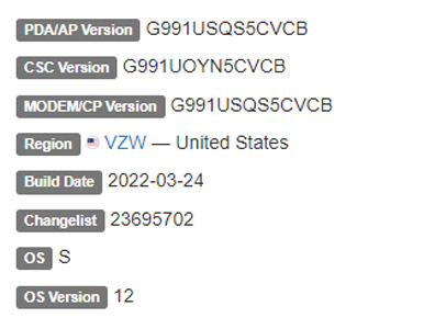 samsung galaxy s21 5g android 12 verizon firmware details