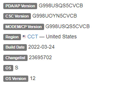 samsung galaxy s21 ultra 5g android 12 CCT firmware details