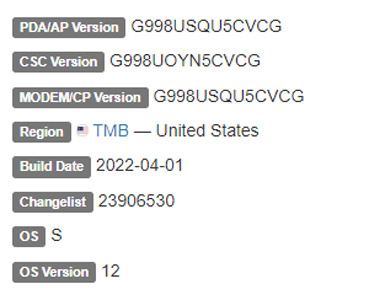 samsung galaxy s21 ultra 5g android 12 TMB firmware details