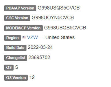 samsung galaxy s21 ultra 5g android 12 VZW firmware details