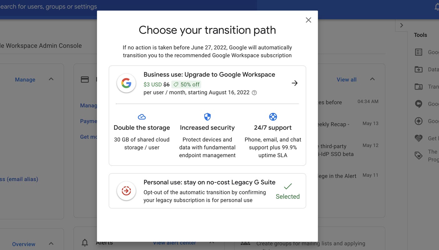 G Suite Free Legacy Plan Choose