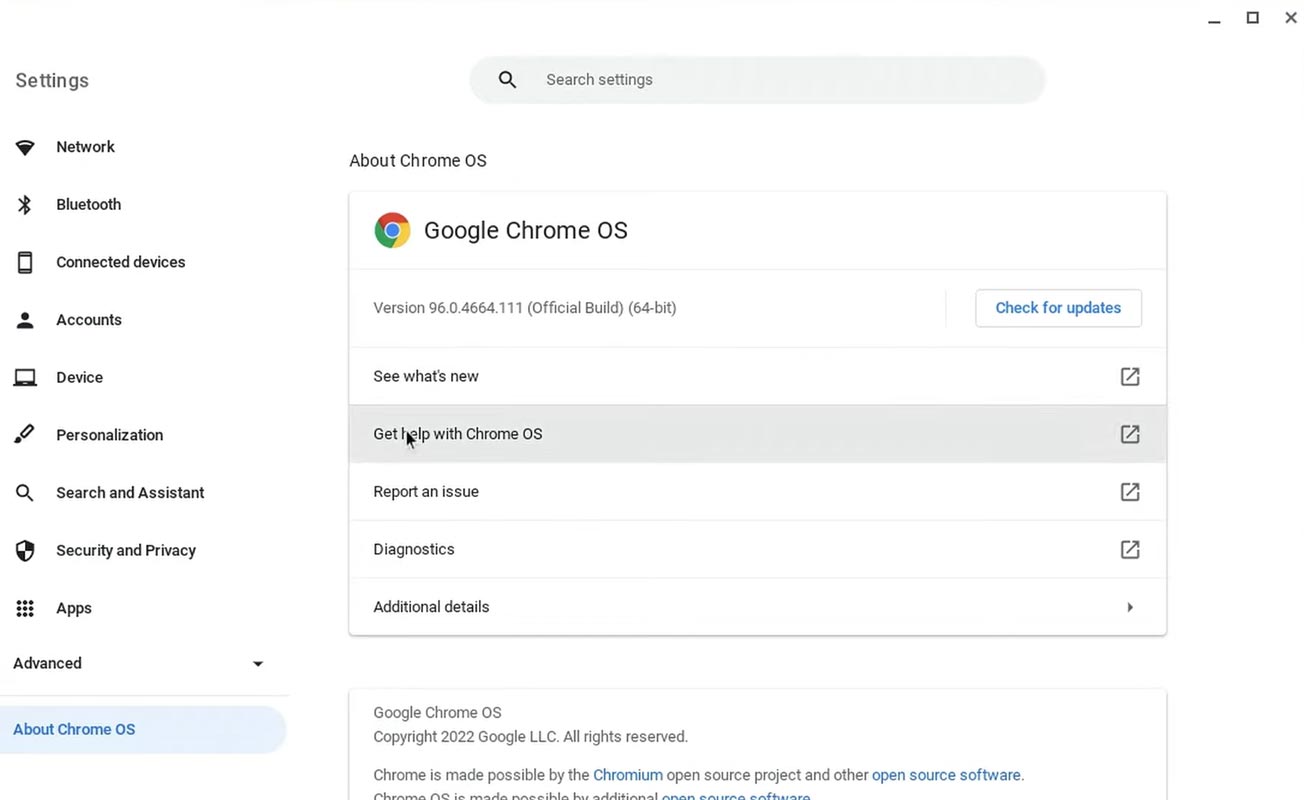 Google Chrome OS Update using In-Built Options