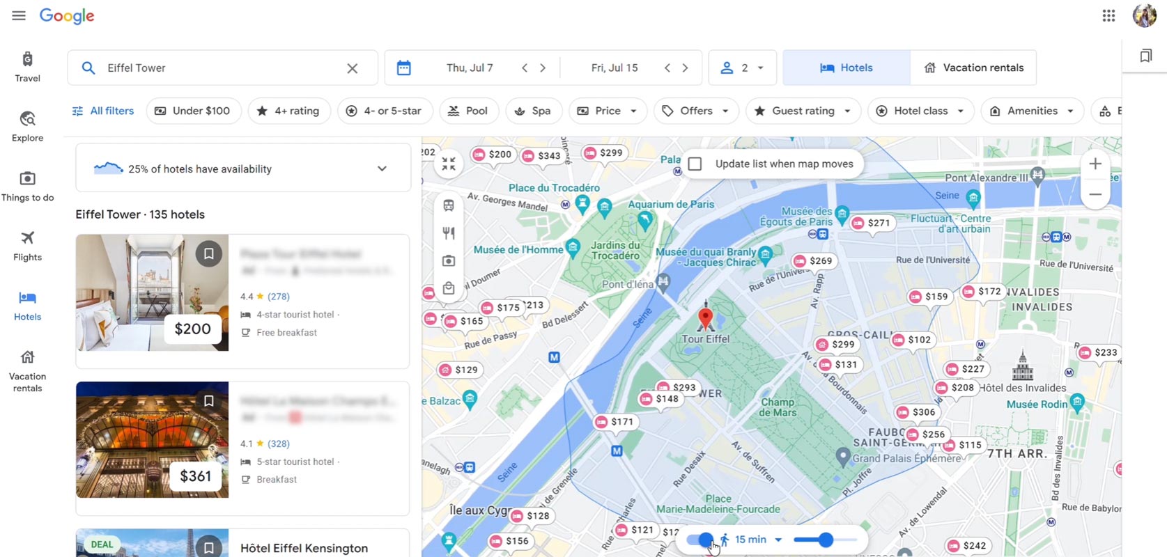 Hotels and Restaurant Distance by Minutes