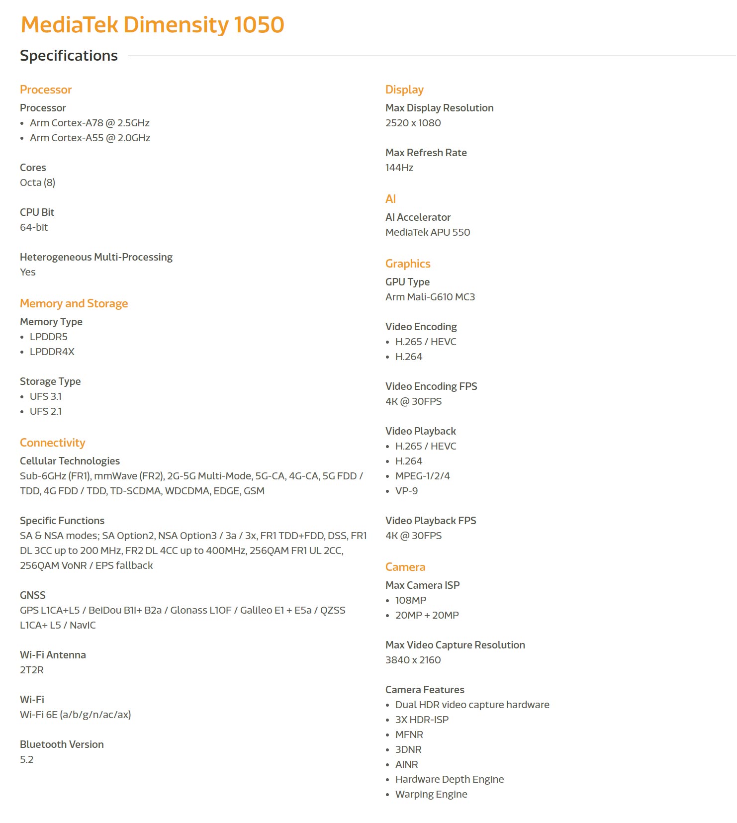 MediaTek Dimensity 1050 Specifications