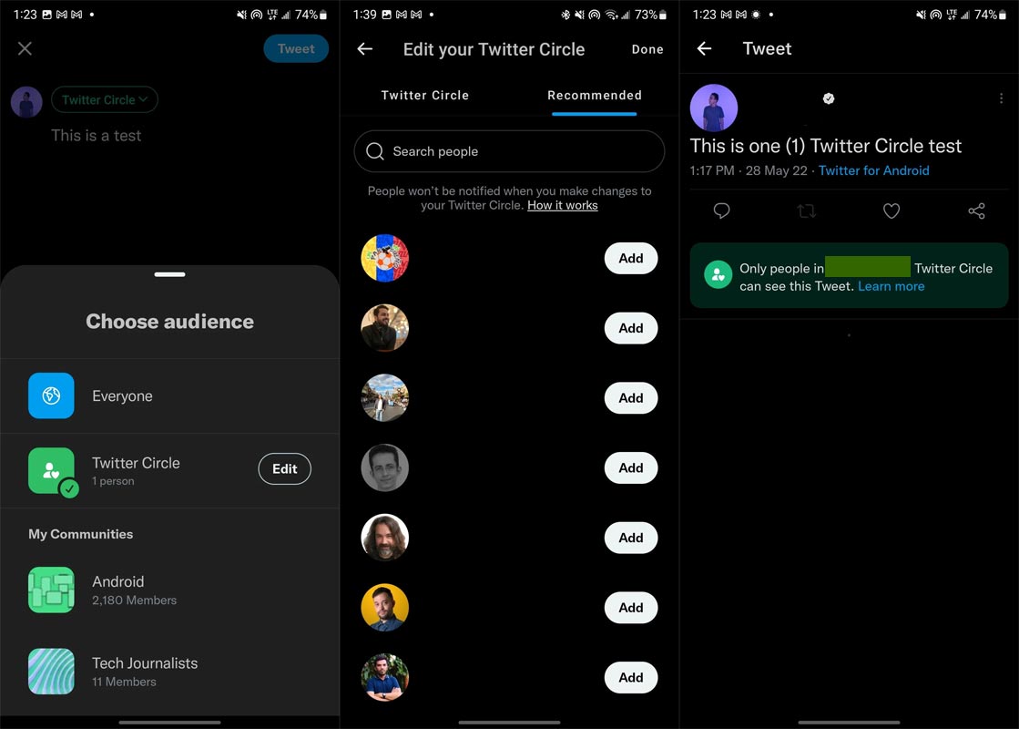 Twitter Circle Creation in Android App
