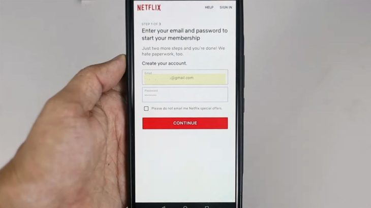 Netflix account Signup Page in Mobile App