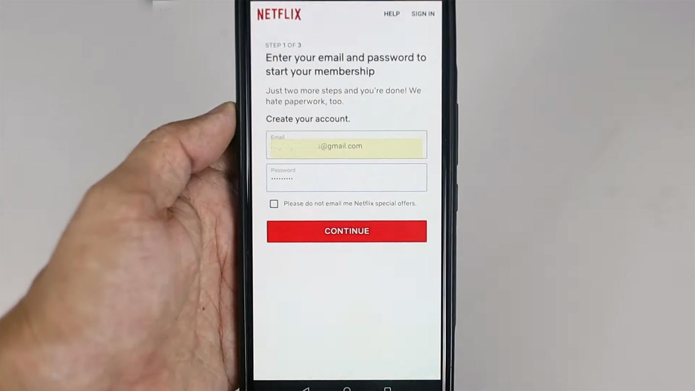 Netflix account Signup Page in Mobile App