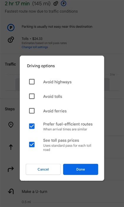 Tolls Cost in Google Maps Trip Cost