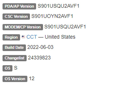 samsung galaxy s22 5g android 12 CCT firmware details