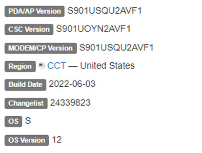 samsung galaxy s22 5g android 12 CCT firmware details