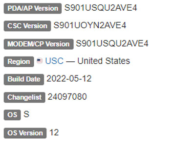 samsung galaxy s22 android 12 USC firmware details
