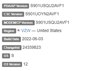 samsung galaxy s22 android 12 verizon firmware details